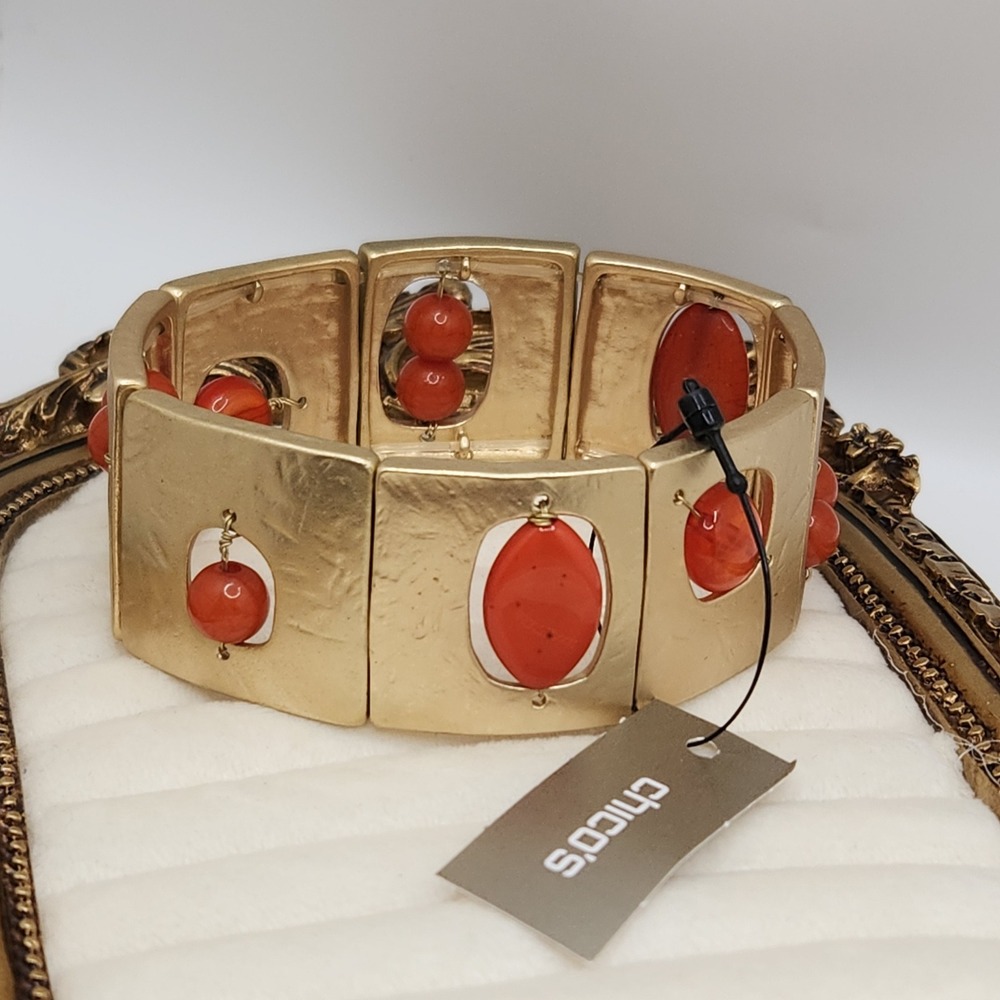 Sculpture Gold Stretch Bracelet by Chicos Orange Red Bead NEW Modernist